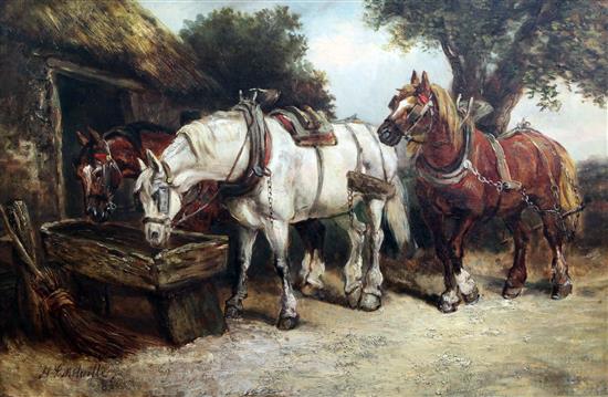 Harden Sidney Melville (fl.1837-1881) Plough horses watering at a trough, 20 x 30in.